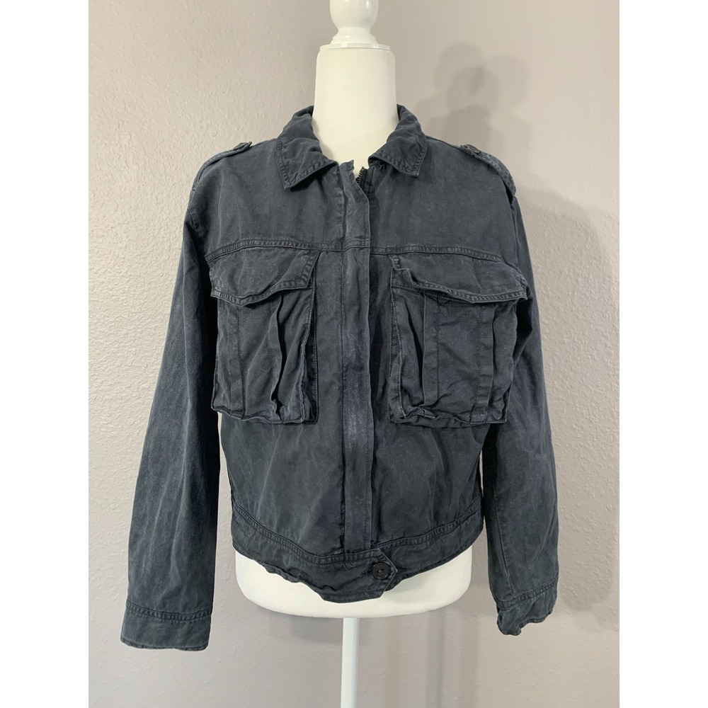 Young Fabulous & Broke Size L Jacket Bomber Cargo Tencel Full Zip Gray Blue EUC